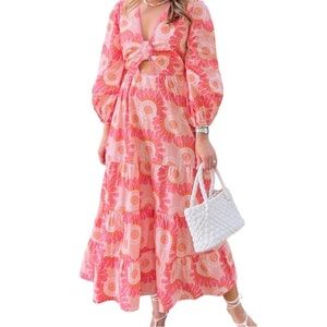 Figue Long Sleeve Cutout Cotton Midi Dress Floral Boho Resort Pink Orange Sz S
